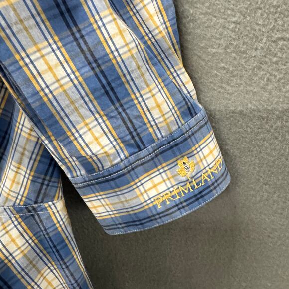 Fish Hippie Shirt Mens 2XL Blue Yellow Plaid Coastal Button Up PRIMLAND LOGO - Picture 10 of 11